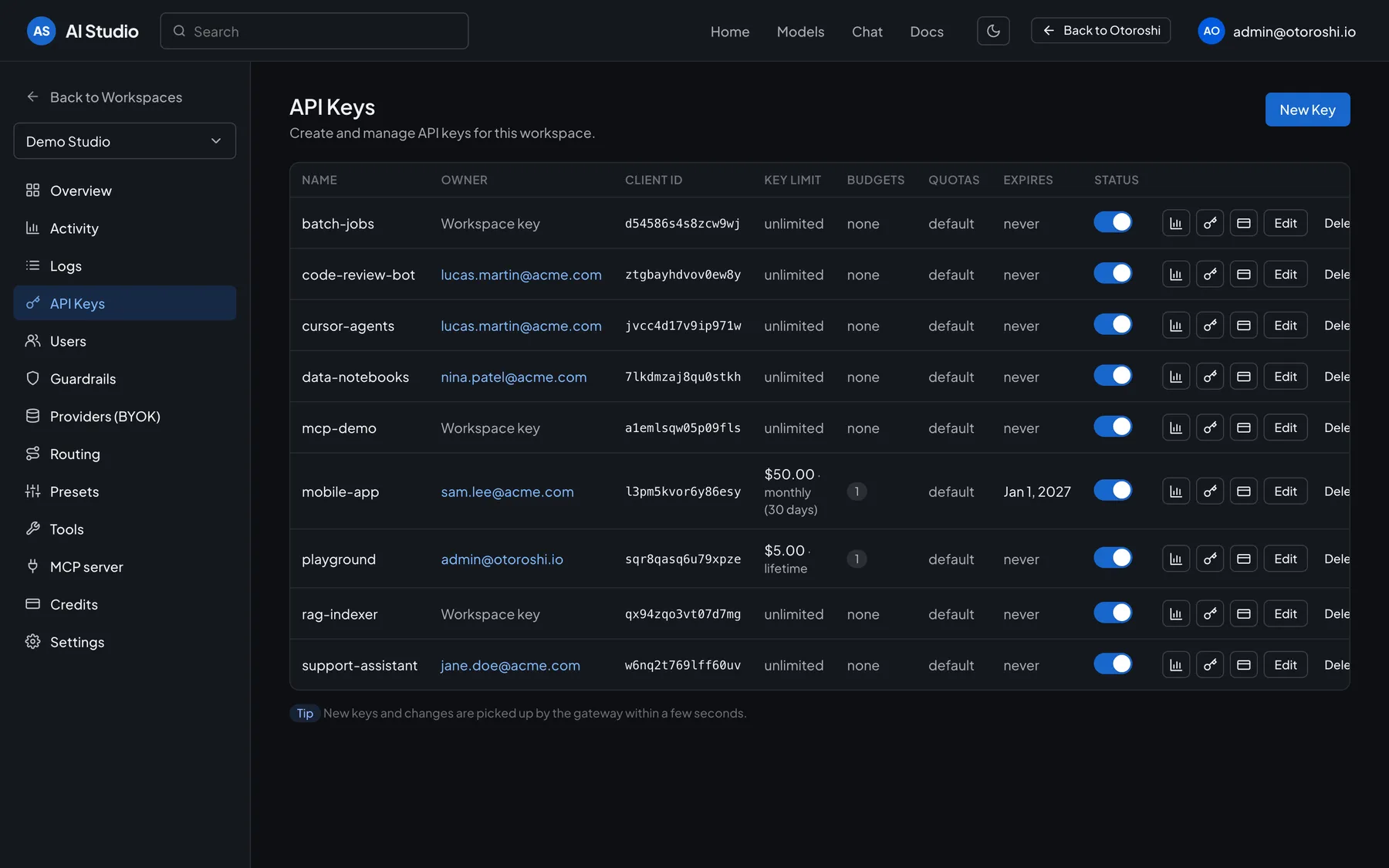 Page API Keys d’AI Studio : les clés d’un workspace avec leur propriétaire, leur limite, leurs budgets, leurs quotas et leur expiration