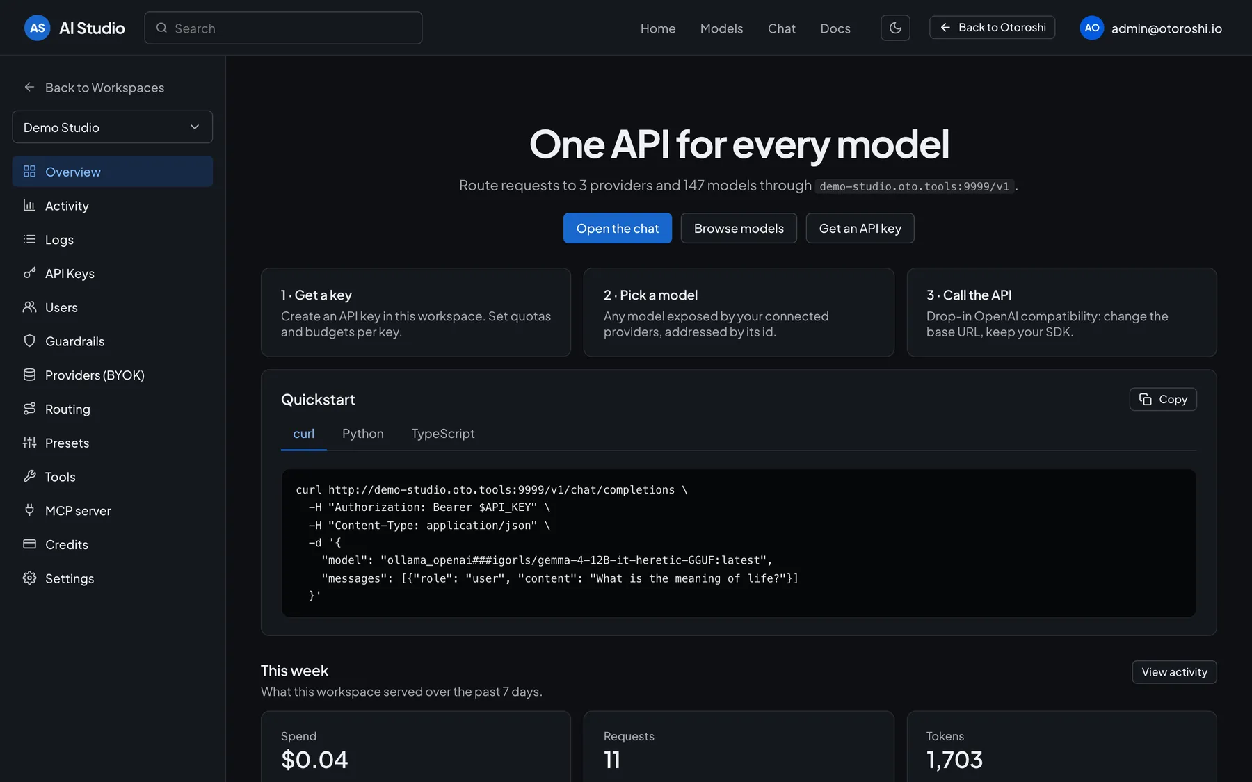 Vue d’ensemble d’AI Studio : une API compatible OpenAI pour tous les modèles, un démarrage en trois étapes, et les dépenses, requêtes et tokens de la semaine
