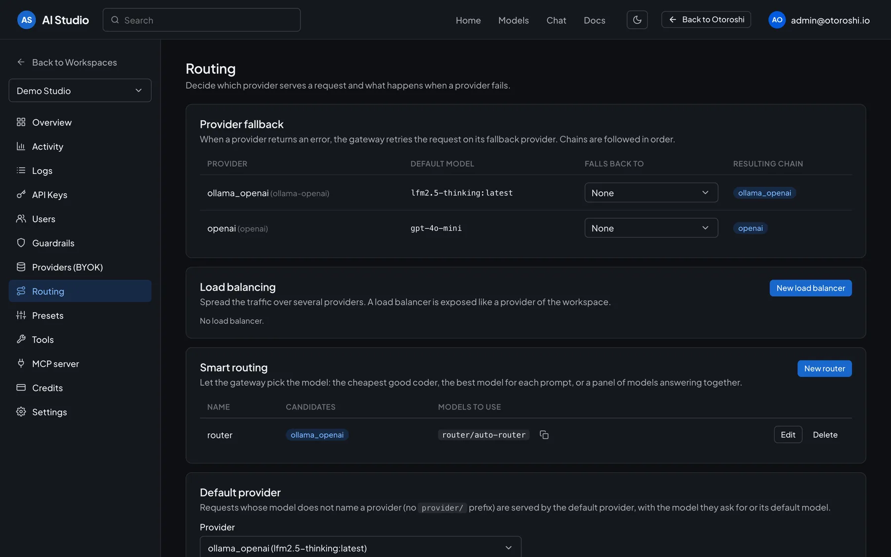 Page Routing d’AI Studio : fallback entre fournisseurs, load balancing, routage intelligent et fournisseur par défaut