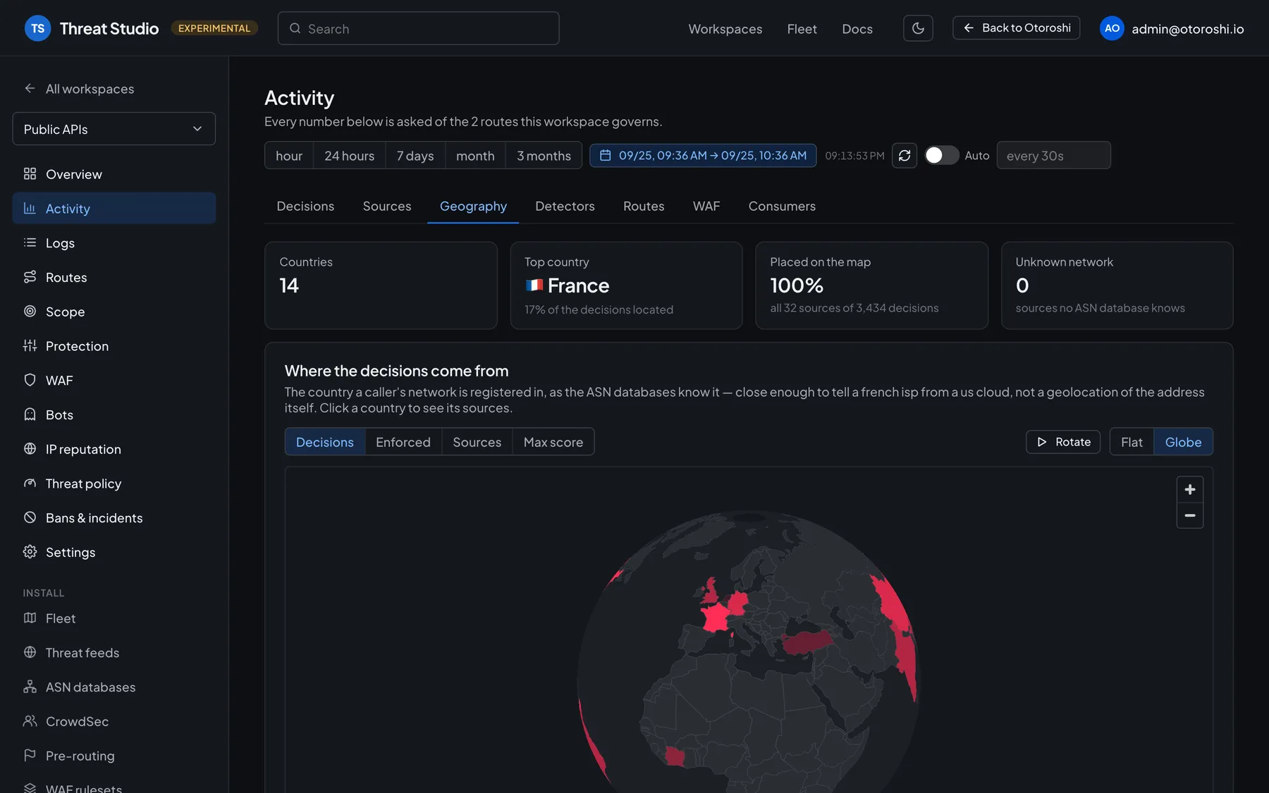 Page Activity de Threat Studio : la géographie des décisions de sécurité sur un globe