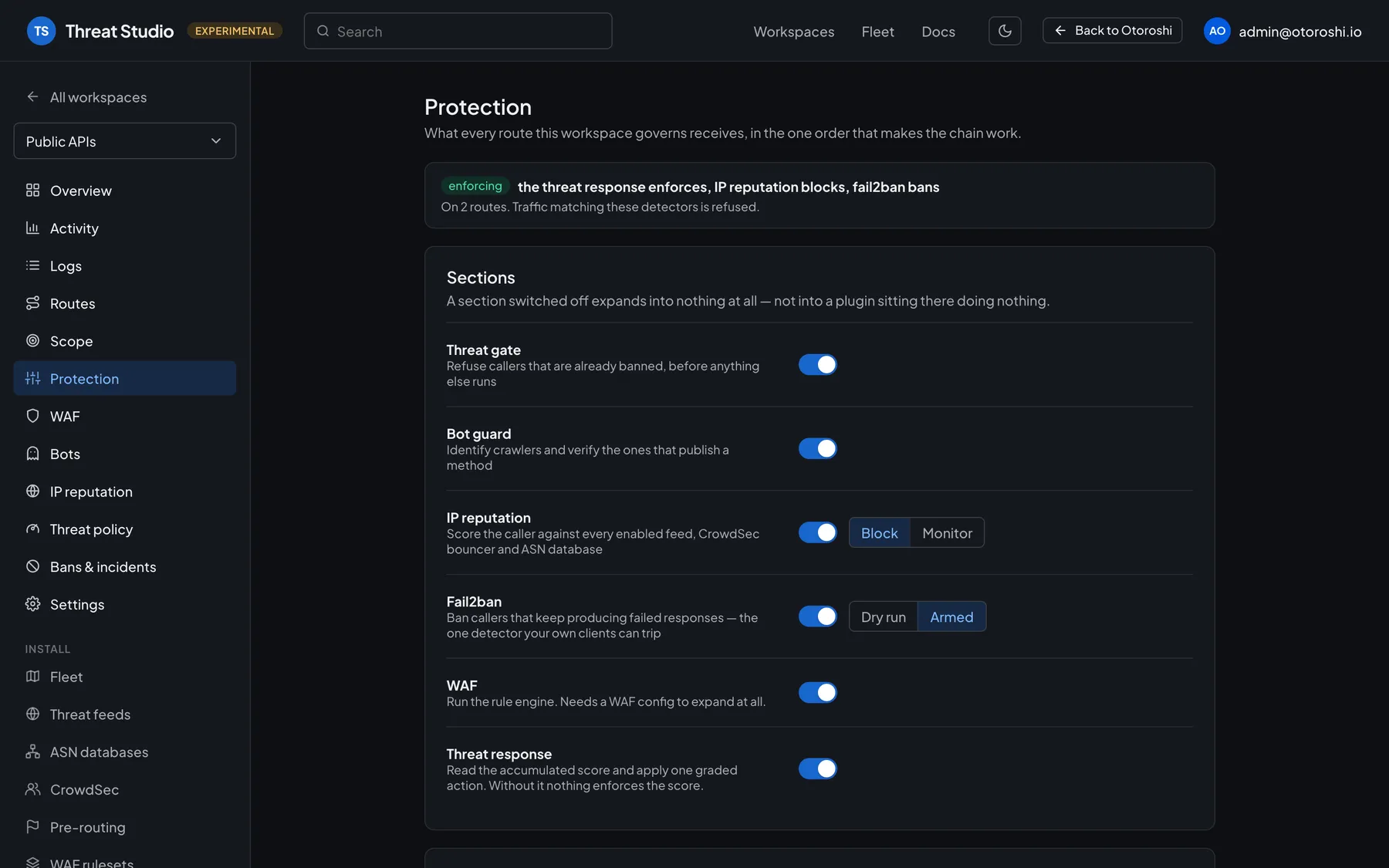 Page Protection de Threat Studio : sections threat gate, bot guard, réputation IP, fail2ban, WAF et threat response
